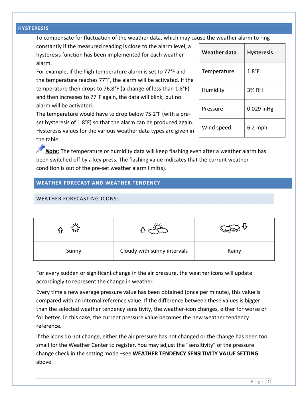 La Crosse Technology WS-2811U-IT manual Weather data Hysteresis 