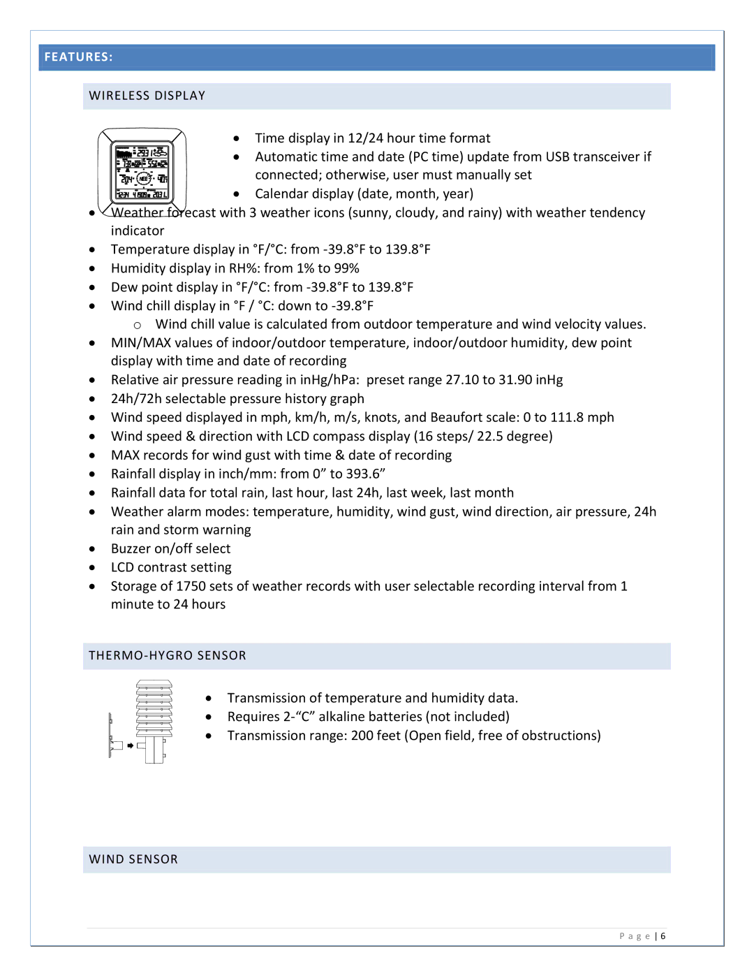 La Crosse Technology WS-2811U-IT manual Features 