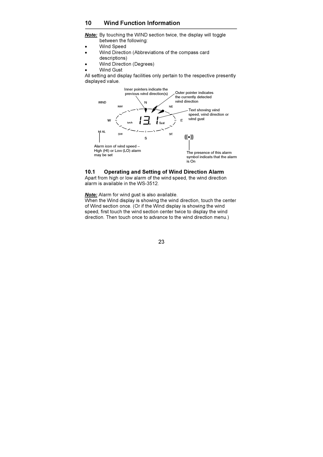 La Crosse Technology WS-3512 operation manual Wind Function Information, Operating and Setting of Wind Direction Alarm 