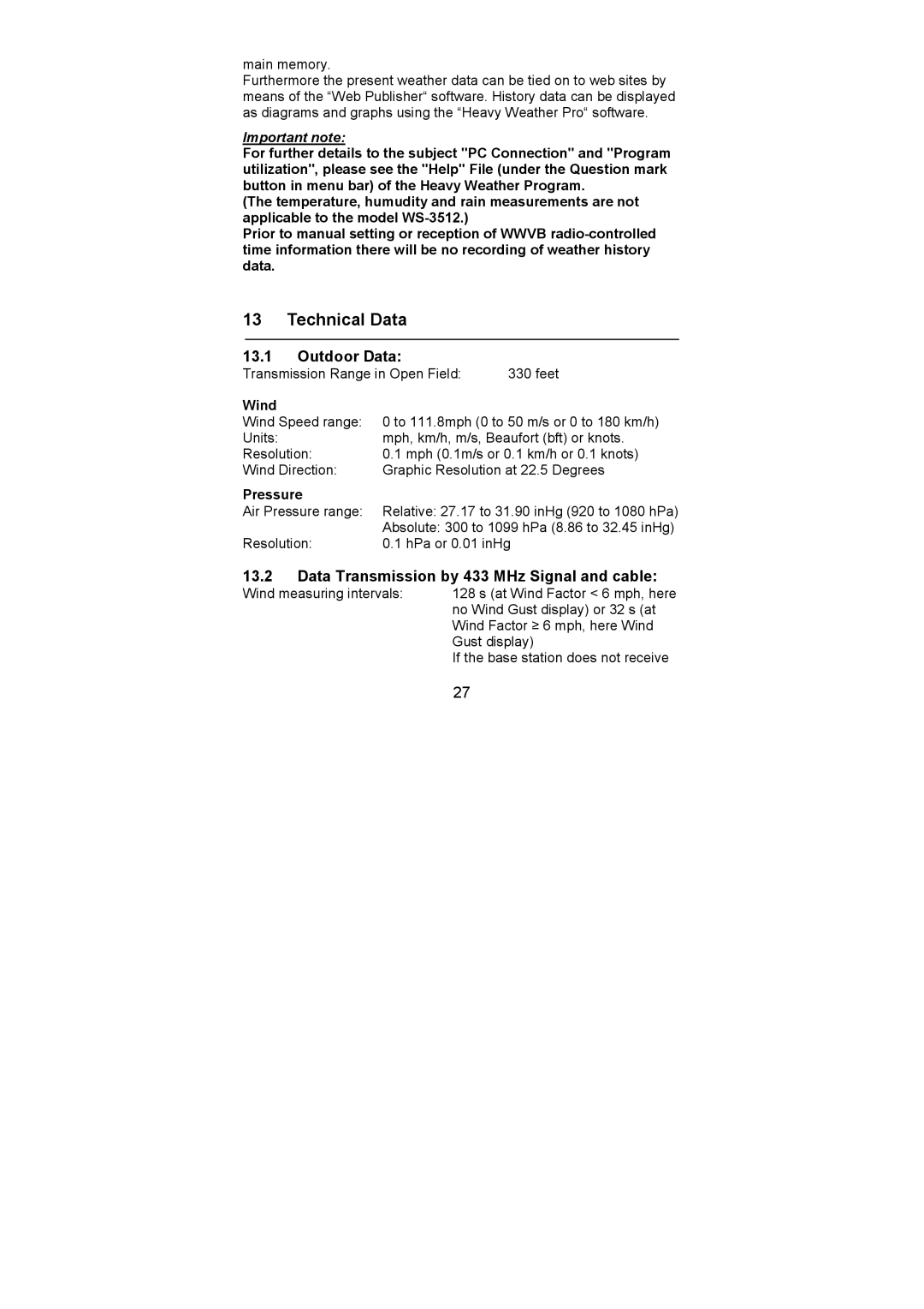 La Crosse Technology WS-3512 operation manual Technical Data, Outdoor Data, Data Transmission by 433 MHz Signal and cable 