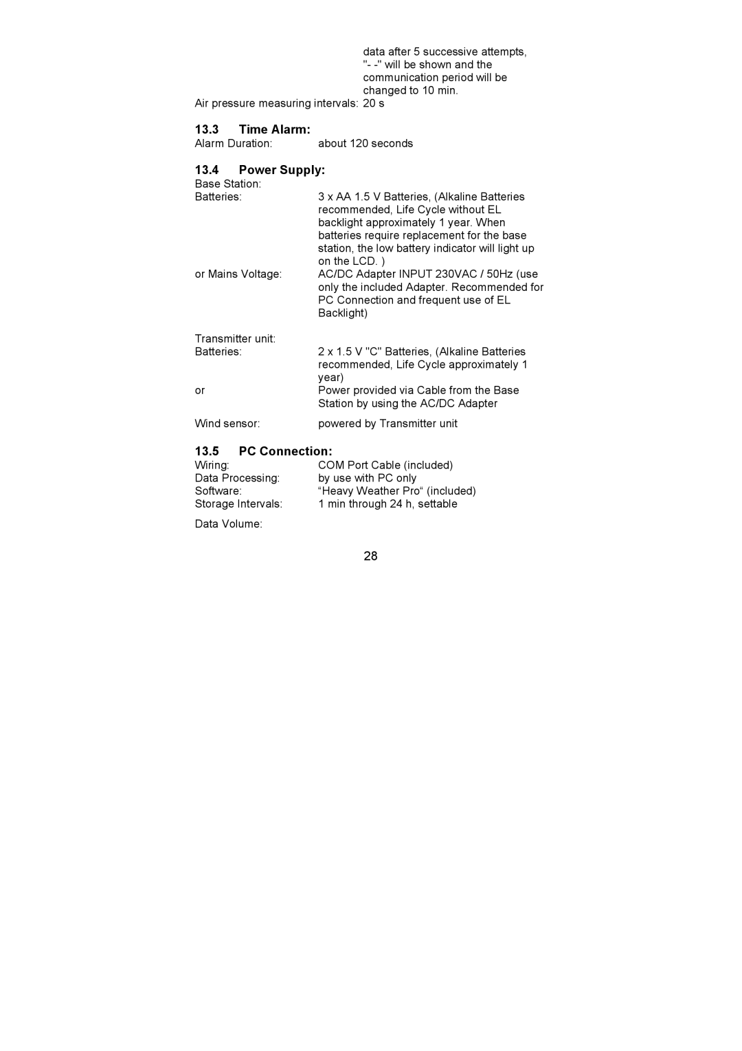 La Crosse Technology WS-3512 operation manual Time Alarm, PC Connection 