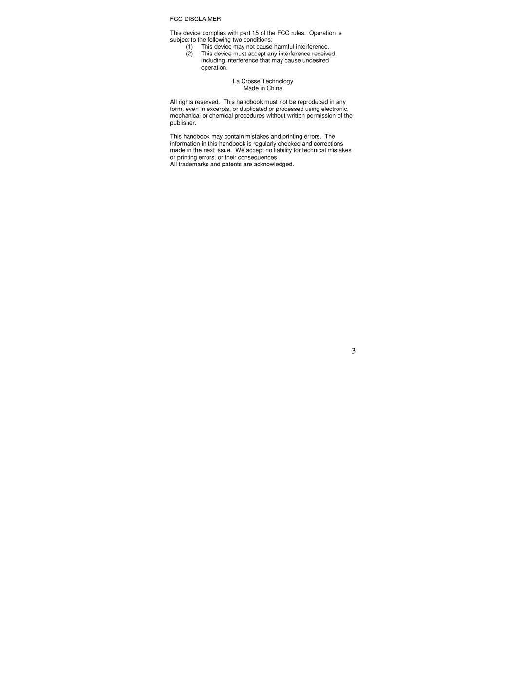 La Crosse Technology WS-3512 operation manual FCC Disclaimer 