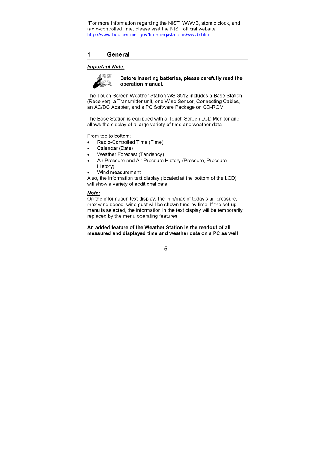 La Crosse Technology WS-3512 operation manual General, Important Note 