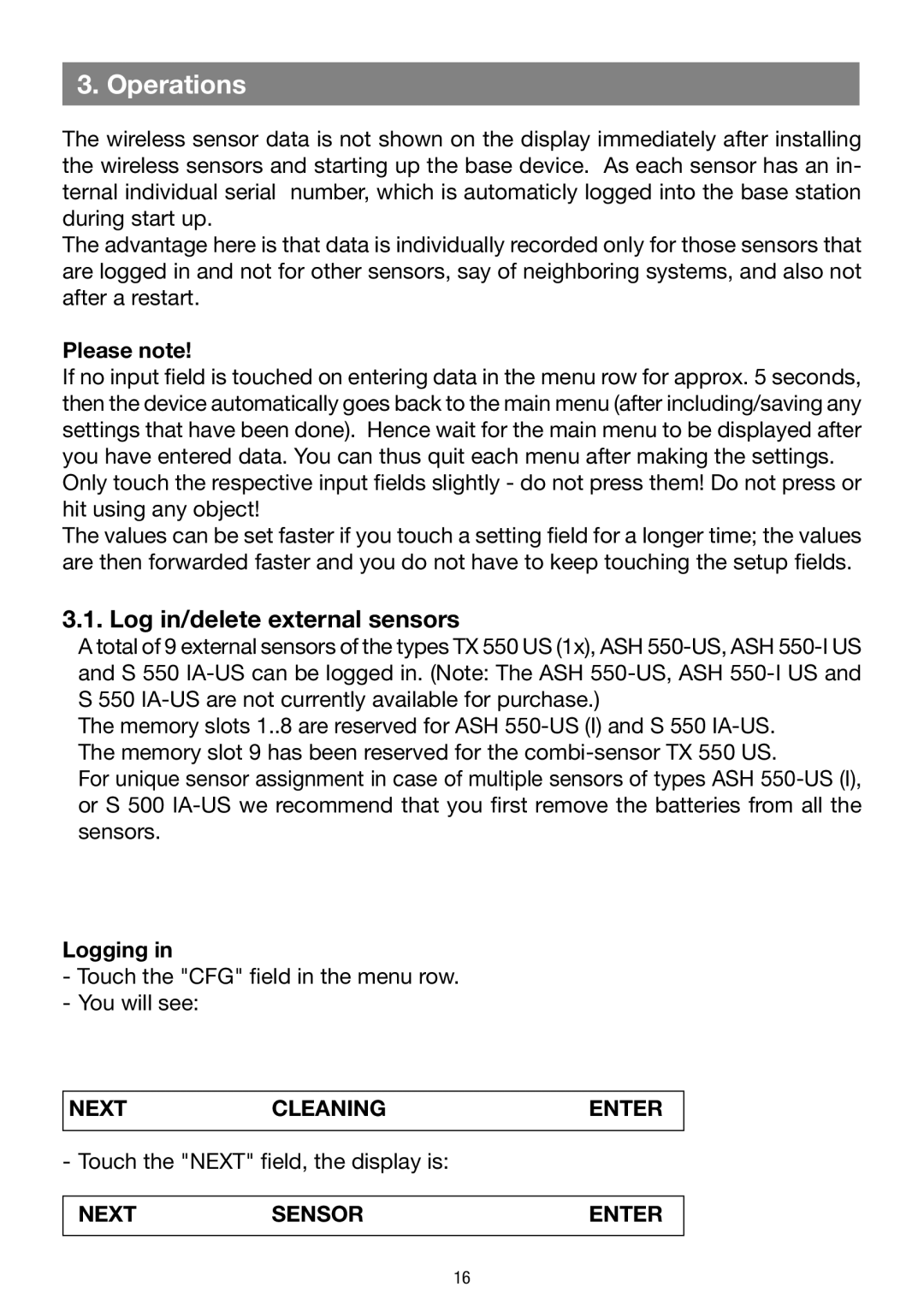 La Crosse Technology WS 550 US Operations, Log in/delete external sensors, Next Cleaning Enter, Next Sensor Enter 