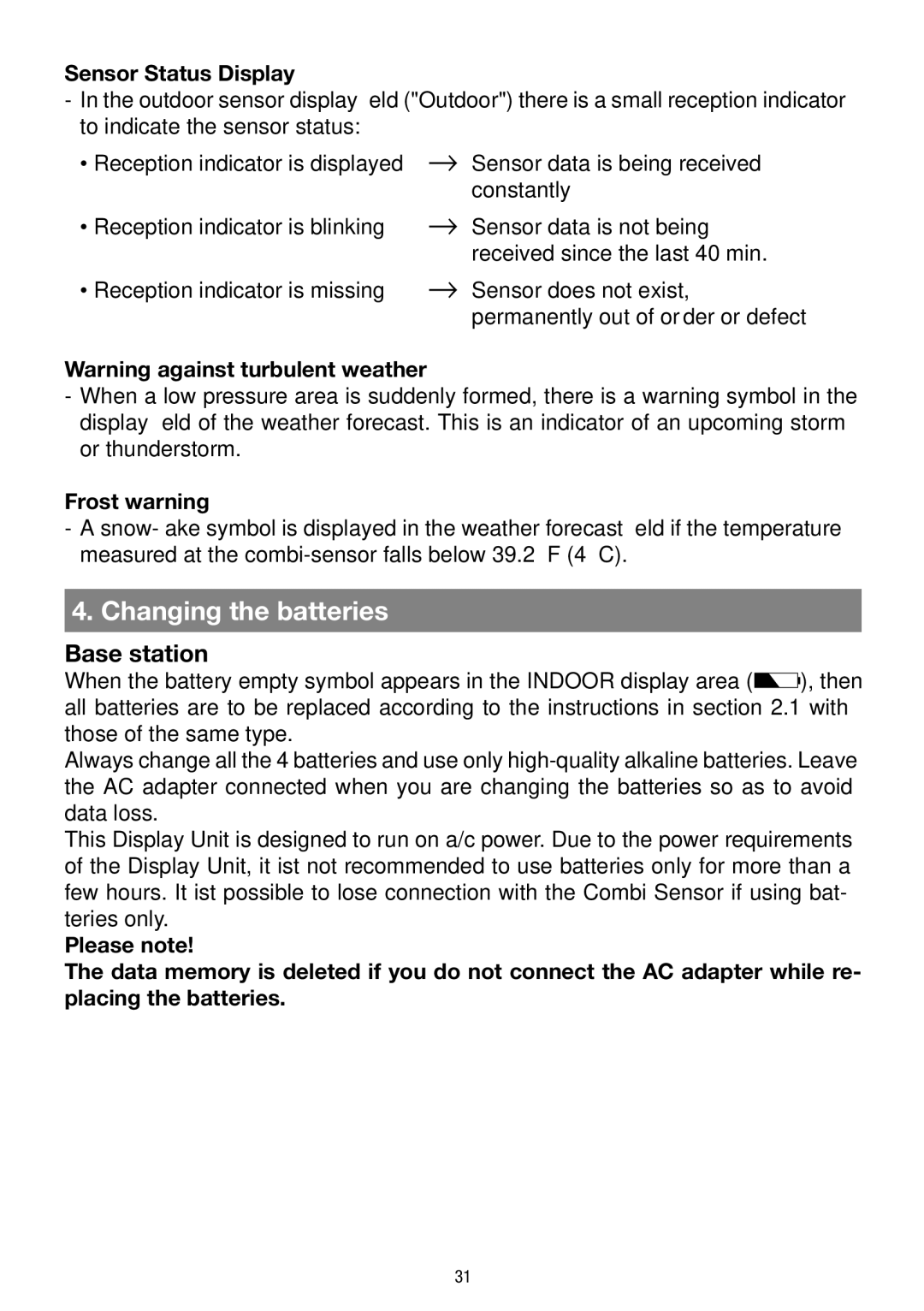 La Crosse Technology WS 550 US Changing the batteries, Base station, Sensor Status Display, Frost warning 