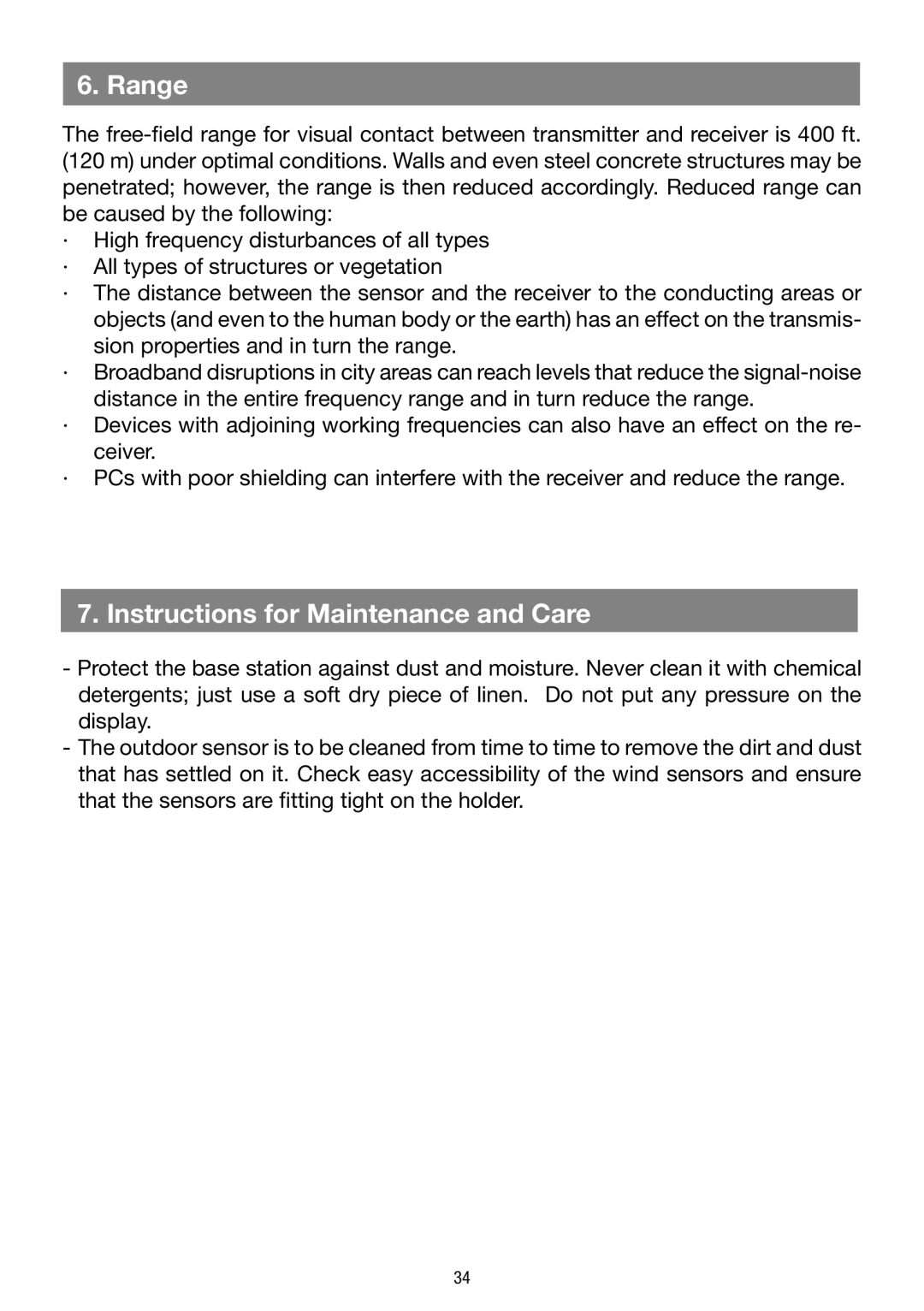 La Crosse Technology WS 550 US operating instructions Range, Instructions for Maintenance and Care 