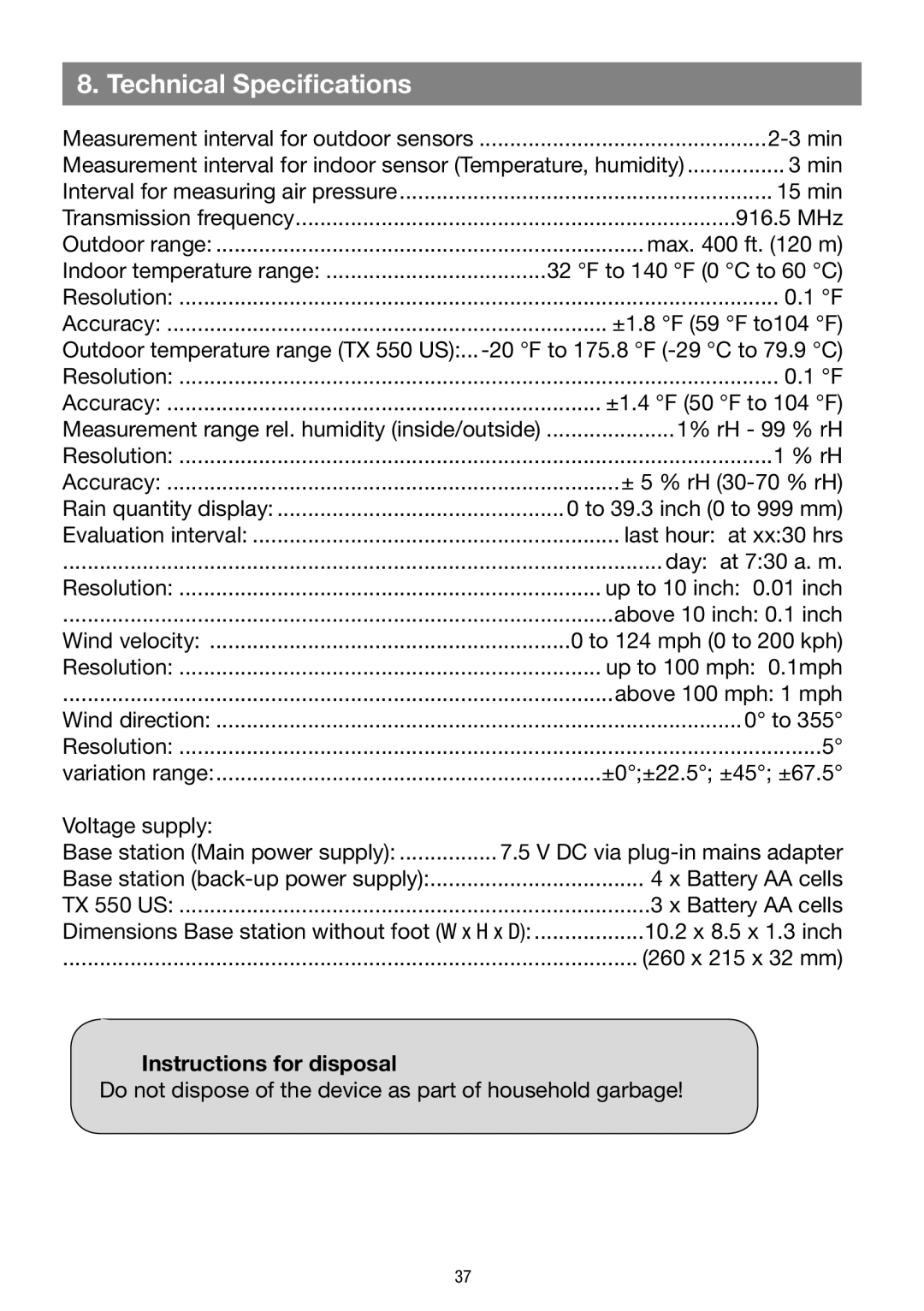 La Crosse Technology WS 550 US operating instructions Technical Specifications, Instructions for disposal 