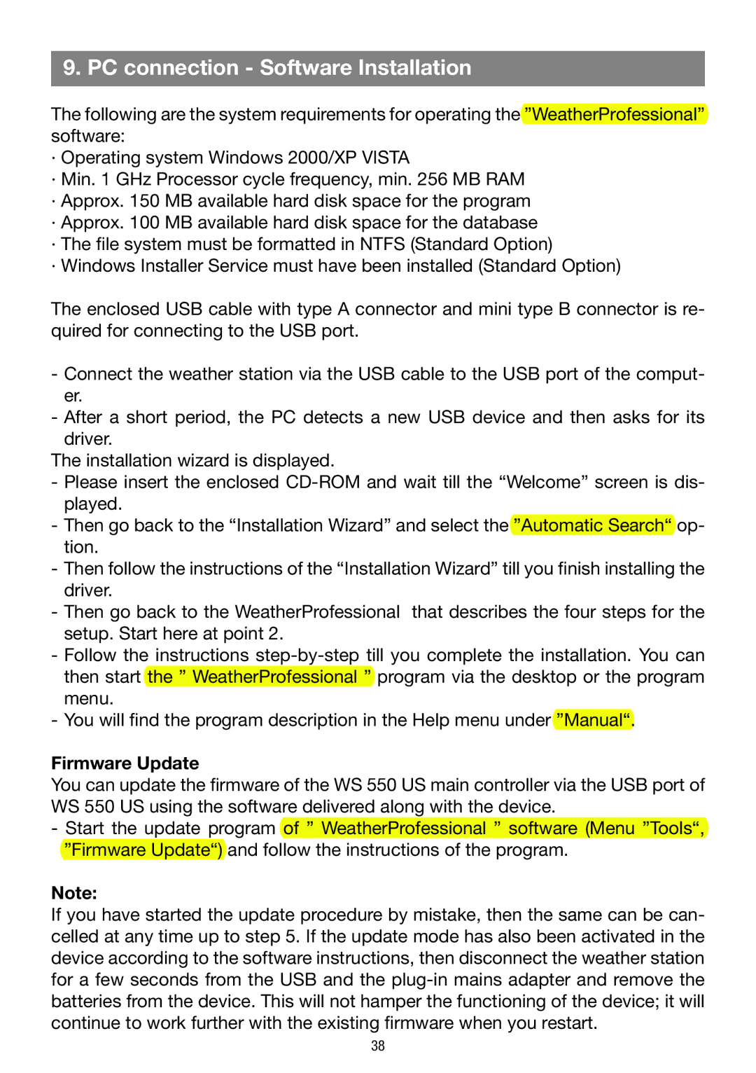 La Crosse Technology WS 550 US operating instructions PC connection Software Installation, Firmware Update 