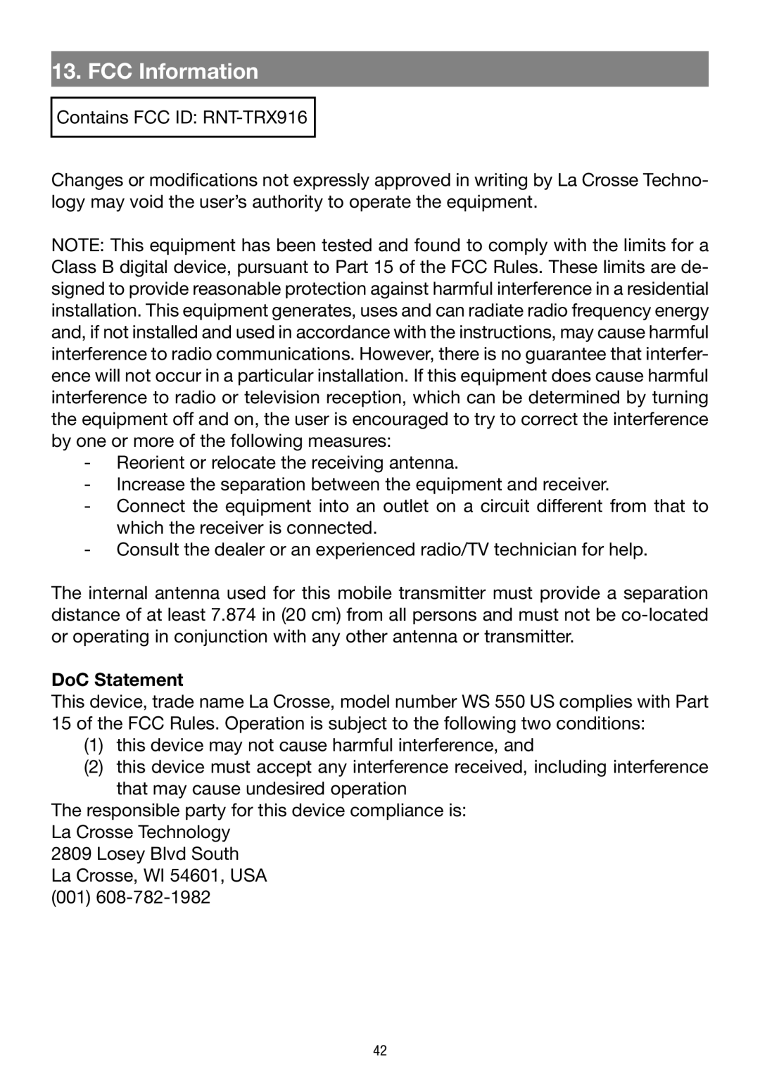 La Crosse Technology WS 550 US operating instructions FCC Information, DoC Statement 