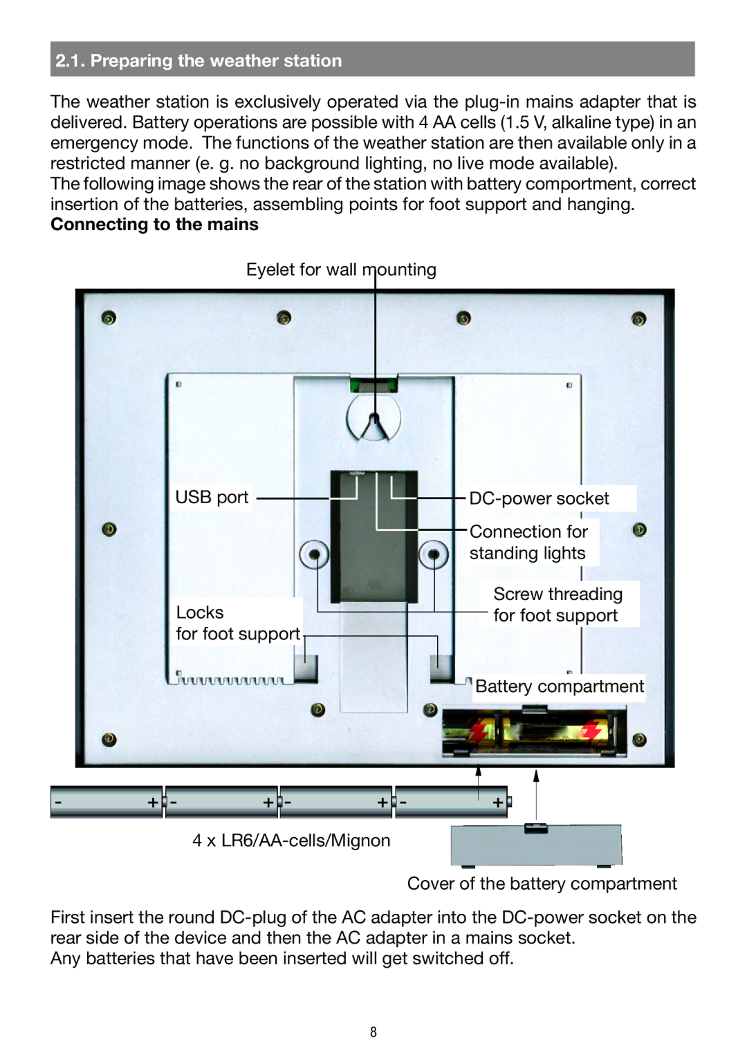 La Crosse Technology WS 550 US operating instructions Preparing the weather station, Connecting to the mains 