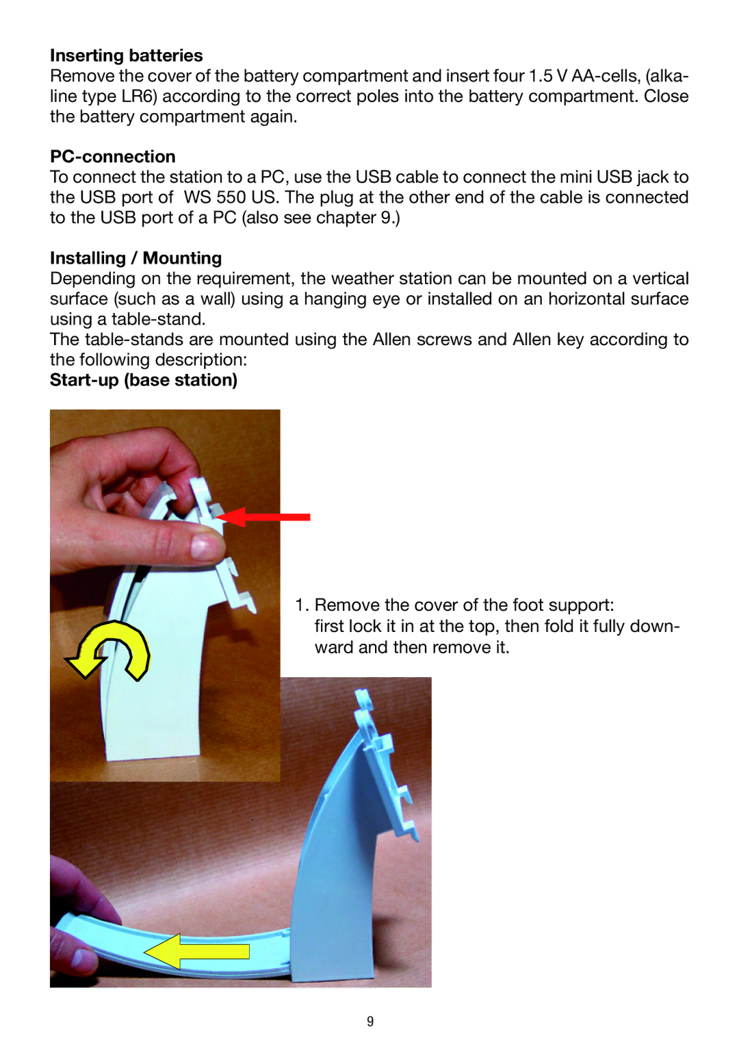 La Crosse Technology WS 550 US Inserting batteries, PC-connection, Installing / Mounting, Start-up base station 