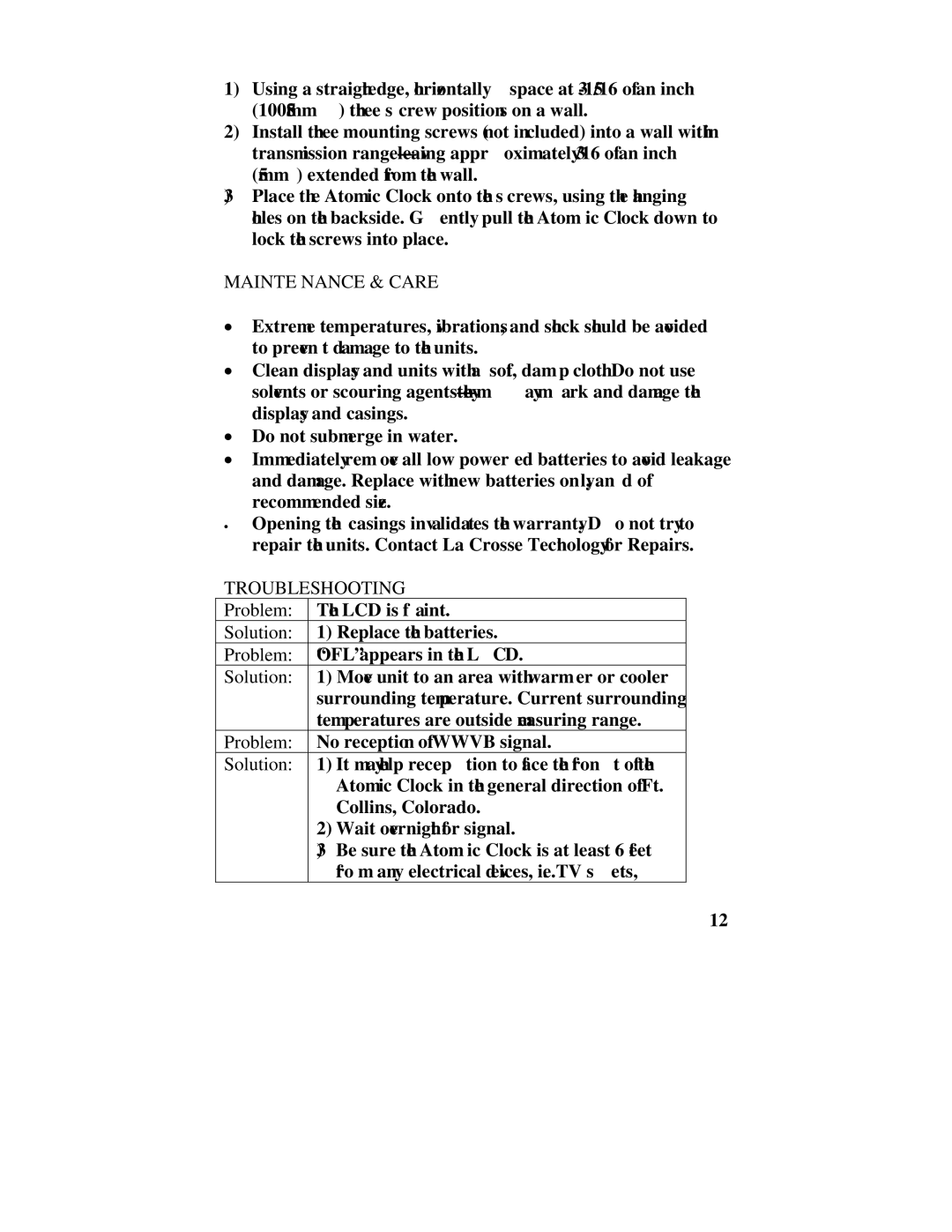 La Crosse Technology WS-6002U instruction manual Maintenance & Care, Troubleshooting, Problem, Solution 