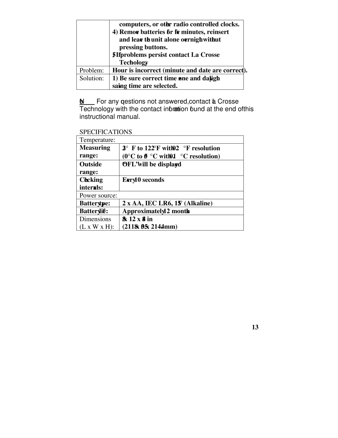 La Crosse Technology WS-6002U instruction manual Specifications, Temperature, Power source, Dimensions, W x H 