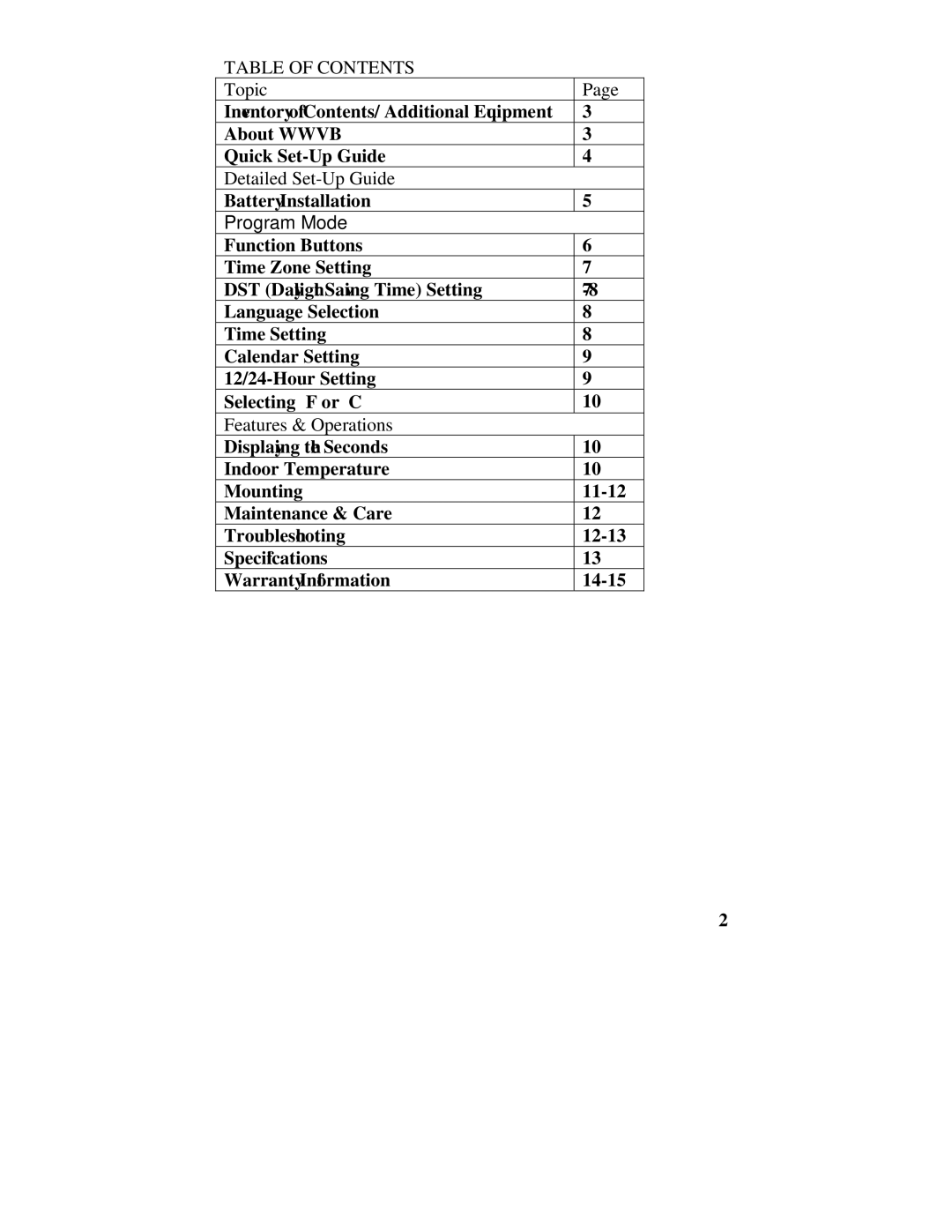 La Crosse Technology WS-6002U instruction manual Table of Contents 