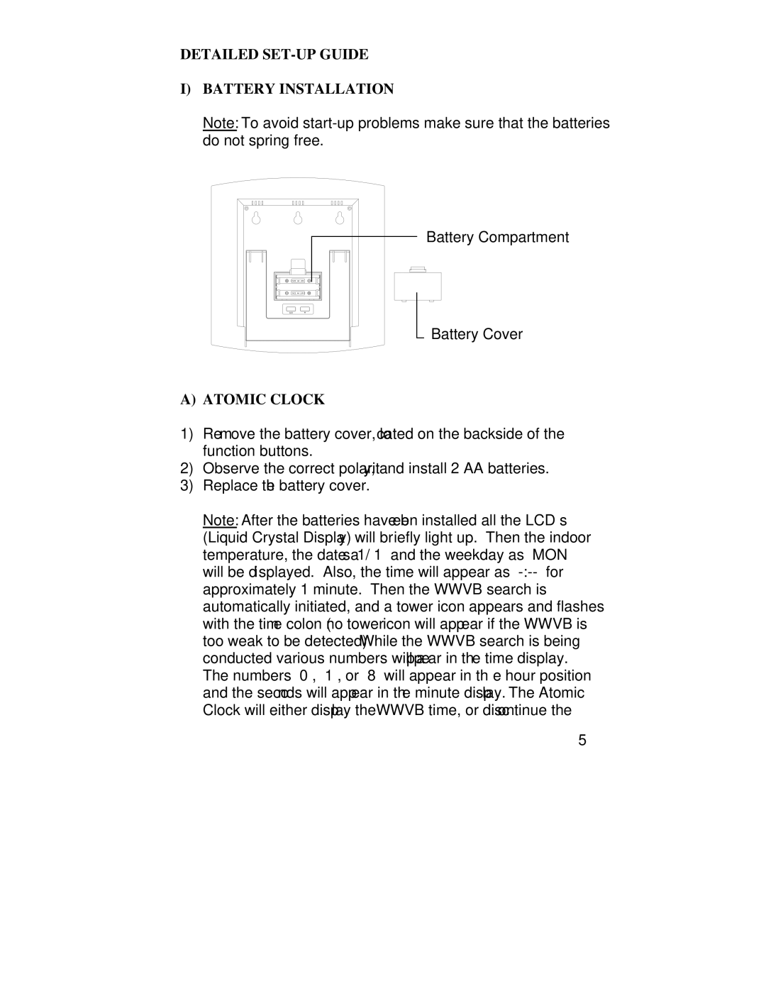 La Crosse Technology WS-6002U instruction manual Detailed SET-UP Guide Battery Installation, Atomic Clock 