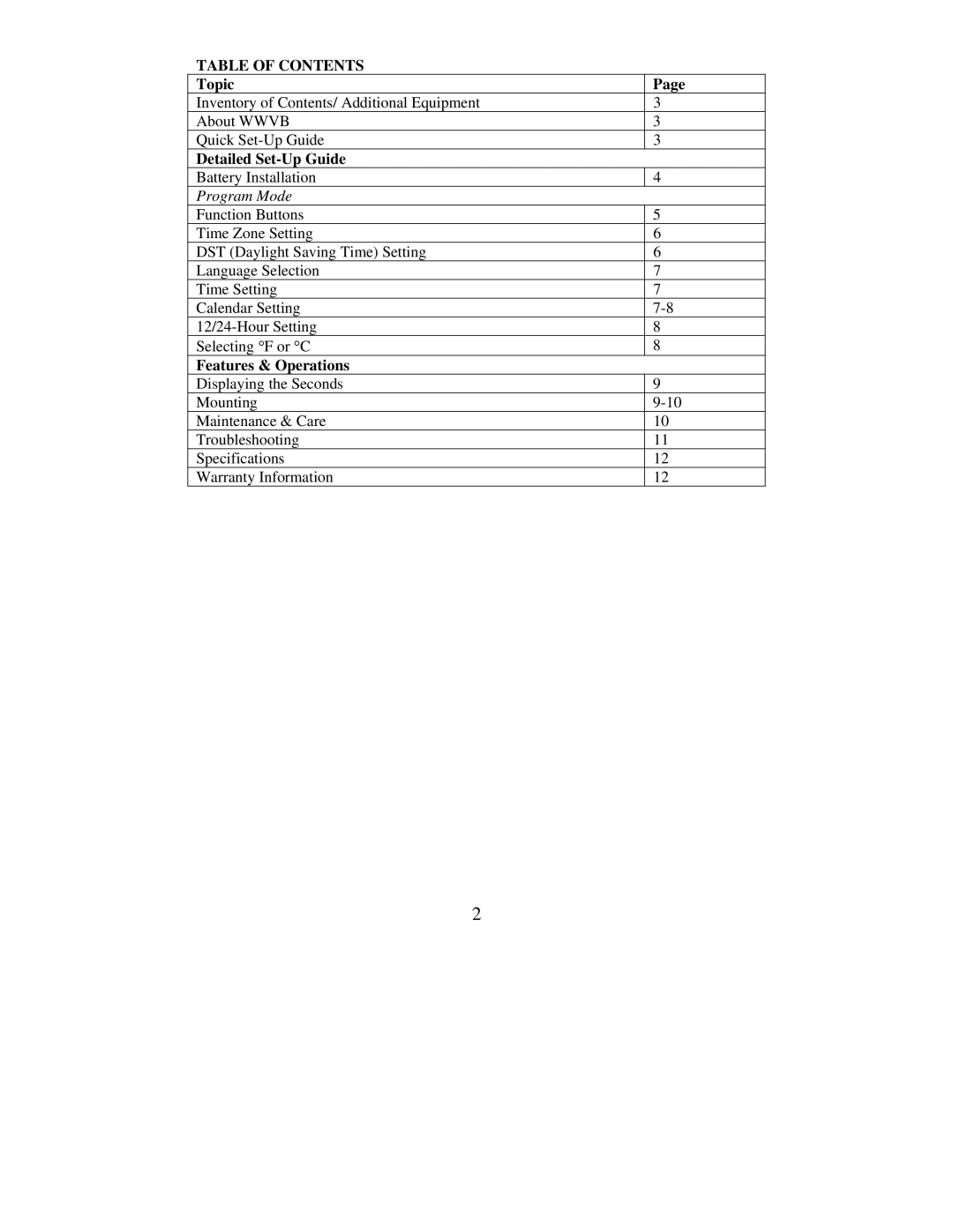 La Crosse Technology WS-6003U instruction manual Table of Contents 