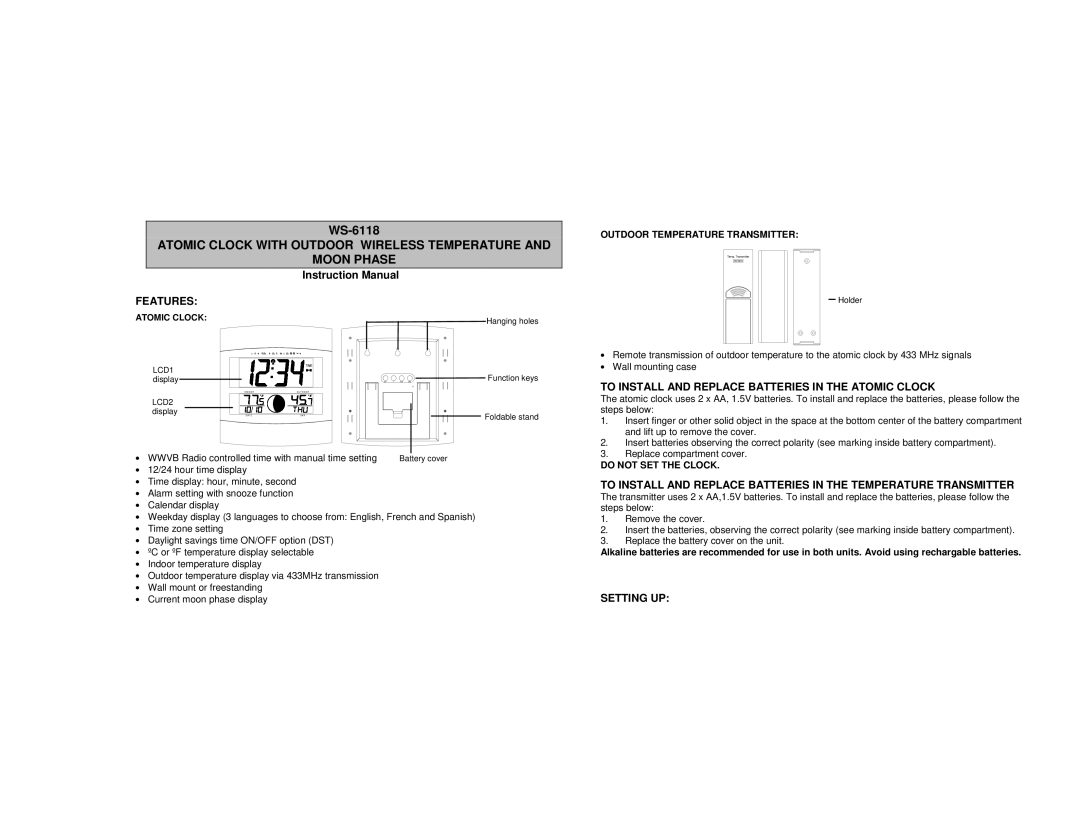 La Crosse Technology WS-6118 instruction manual Features, To Install and Replace Batteries in the Atomic Clock, Setting UP 