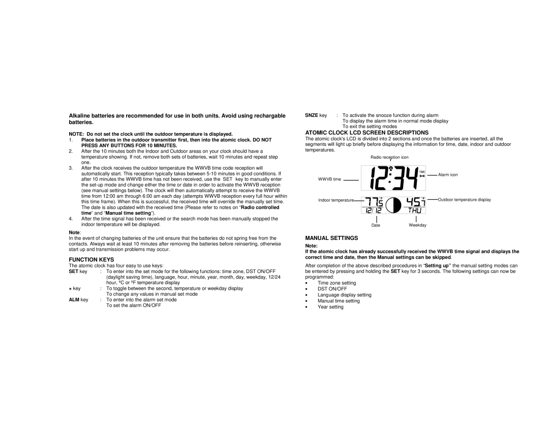 La Crosse Technology WS-6118 instruction manual Function Keys, Atomic Clock LCD Screen Descriptions, Manual Settings 