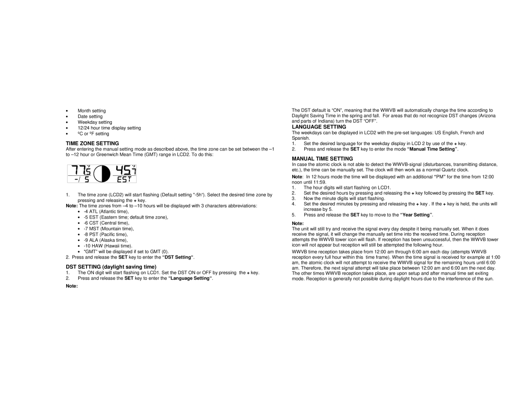 La Crosse Technology WS-6118 instruction manual Time Zone Setting, Language Setting, Manual Time Setting 