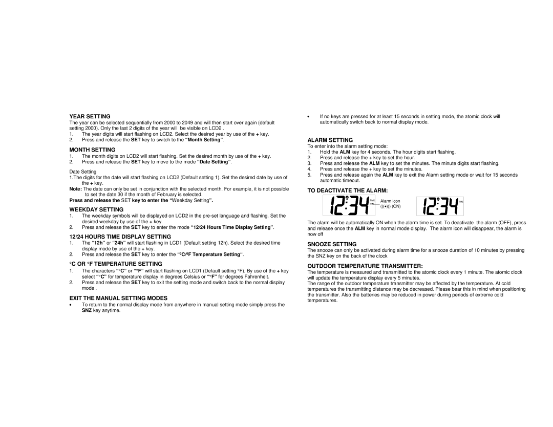 La Crosse Technology WS-6118 Year Setting, Month Setting, Weekday Setting, 12/24 Hours Time Display Setting, Alarm Setting 