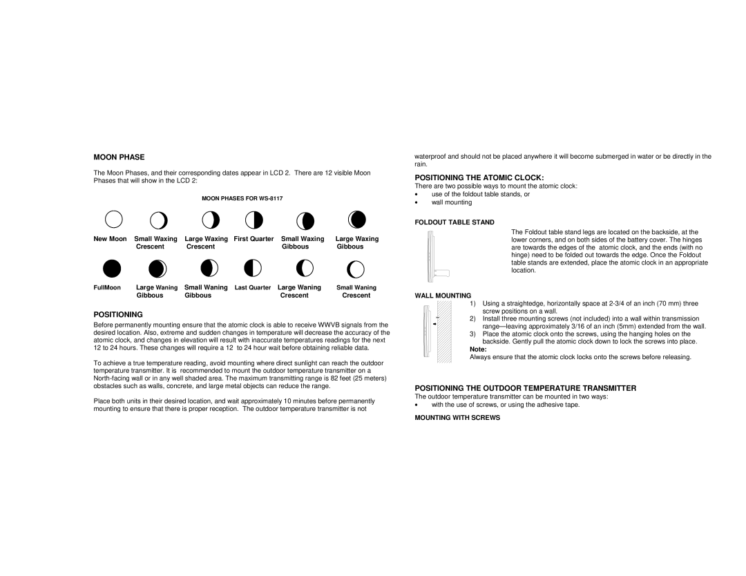 La Crosse Technology WS-6118 Moon Phase, Positioning the Atomic Clock, Positioning the Outdoor Temperature Transmitter 