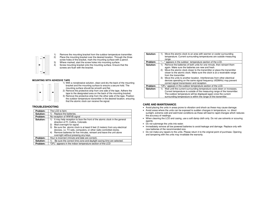 La Crosse Technology WS-6118 instruction manual Troubleshooting, Care and Maintenance, Mounting with Adhesive Tape 