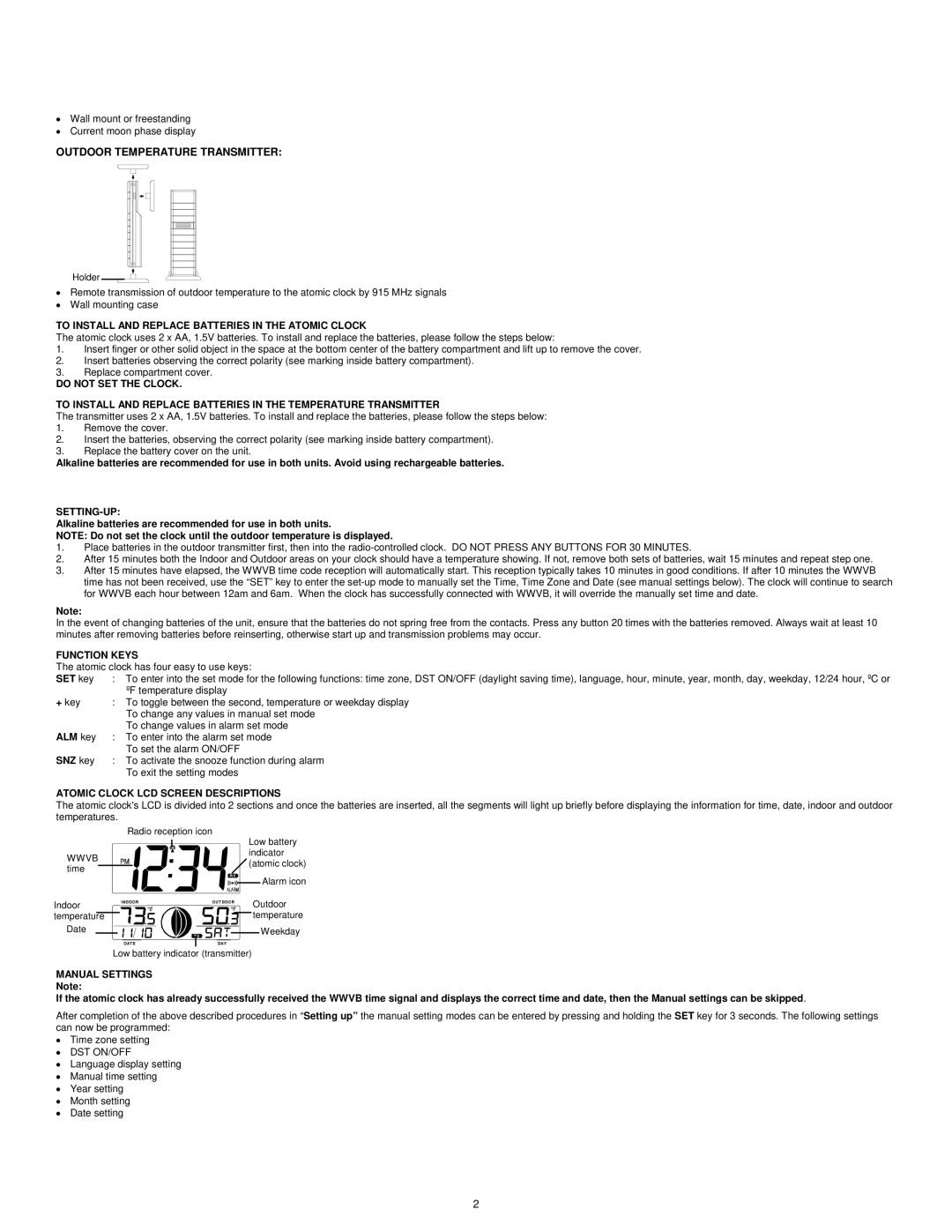 La Crosse Technology WS-6118AL-IT Outdoor Temperature Transmitter, To Install and Replace Batteries in the Atomic Clock 