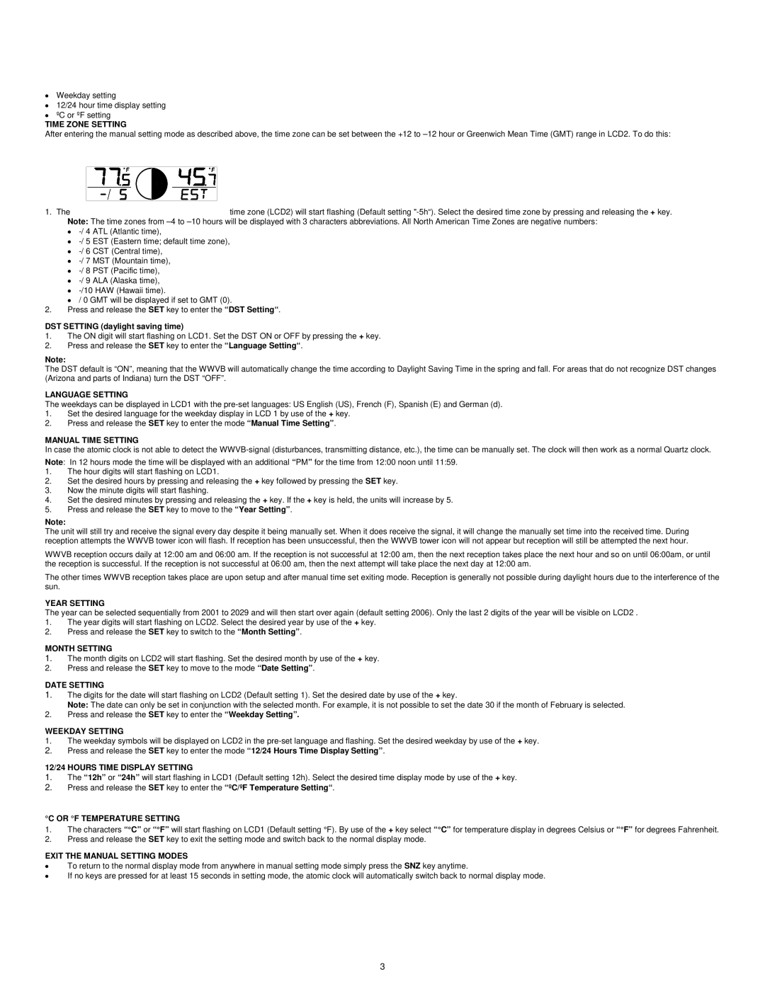 La Crosse Technology WS-6118AL-IT Time Zone Setting, Language Setting, Manual Time Setting, Year Setting, Month Setting 