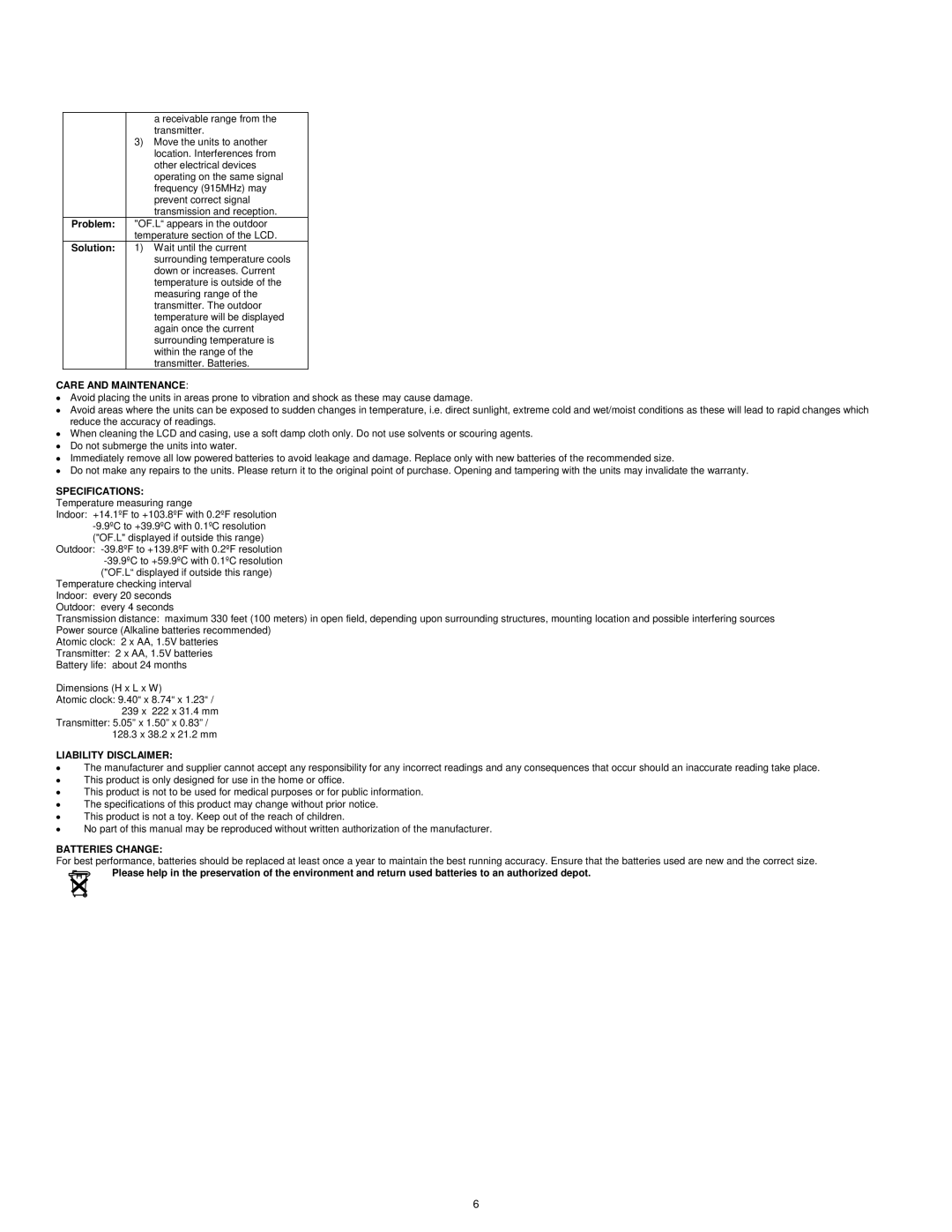 La Crosse Technology WS-6118AL-IT instruction manual Care and Maintenance, Liability Disclaimer, Batteries Change 