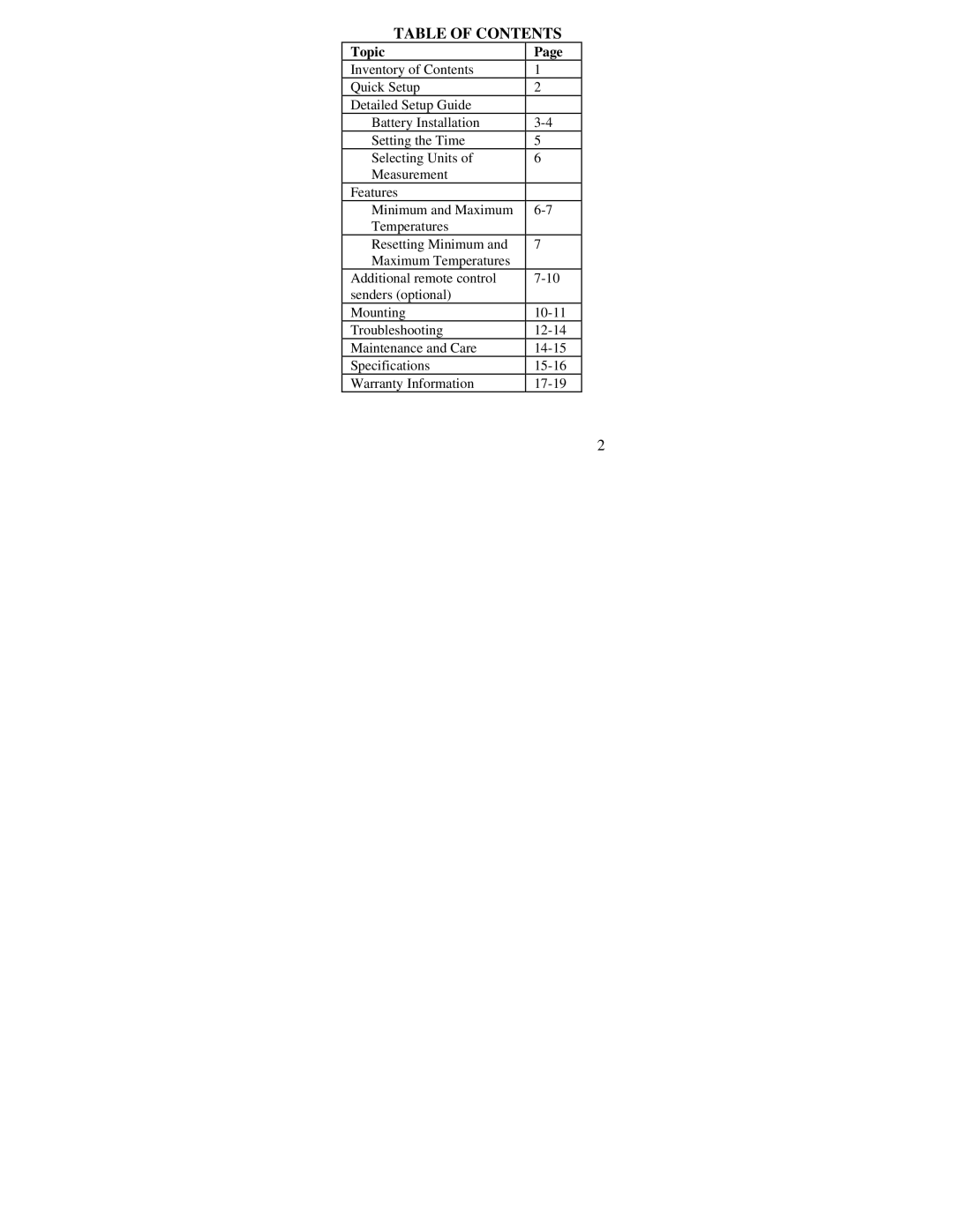 La Crosse Technology WS-7013TWC quick start Table of Contents 