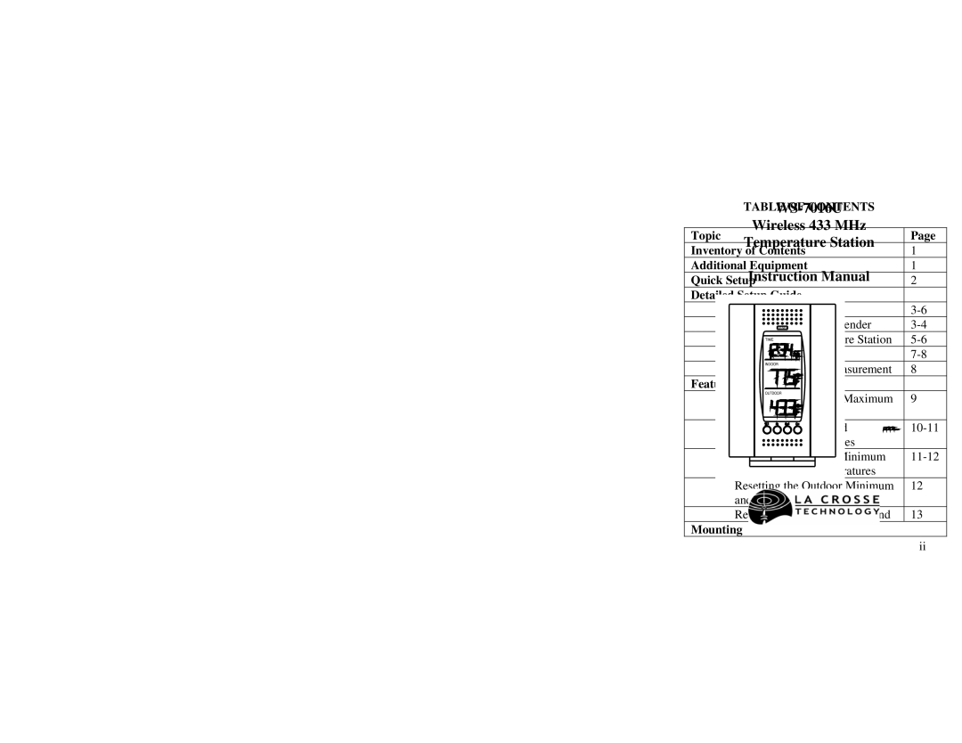 La Crosse Technology WS-7016U instruction manual Table of Contents 