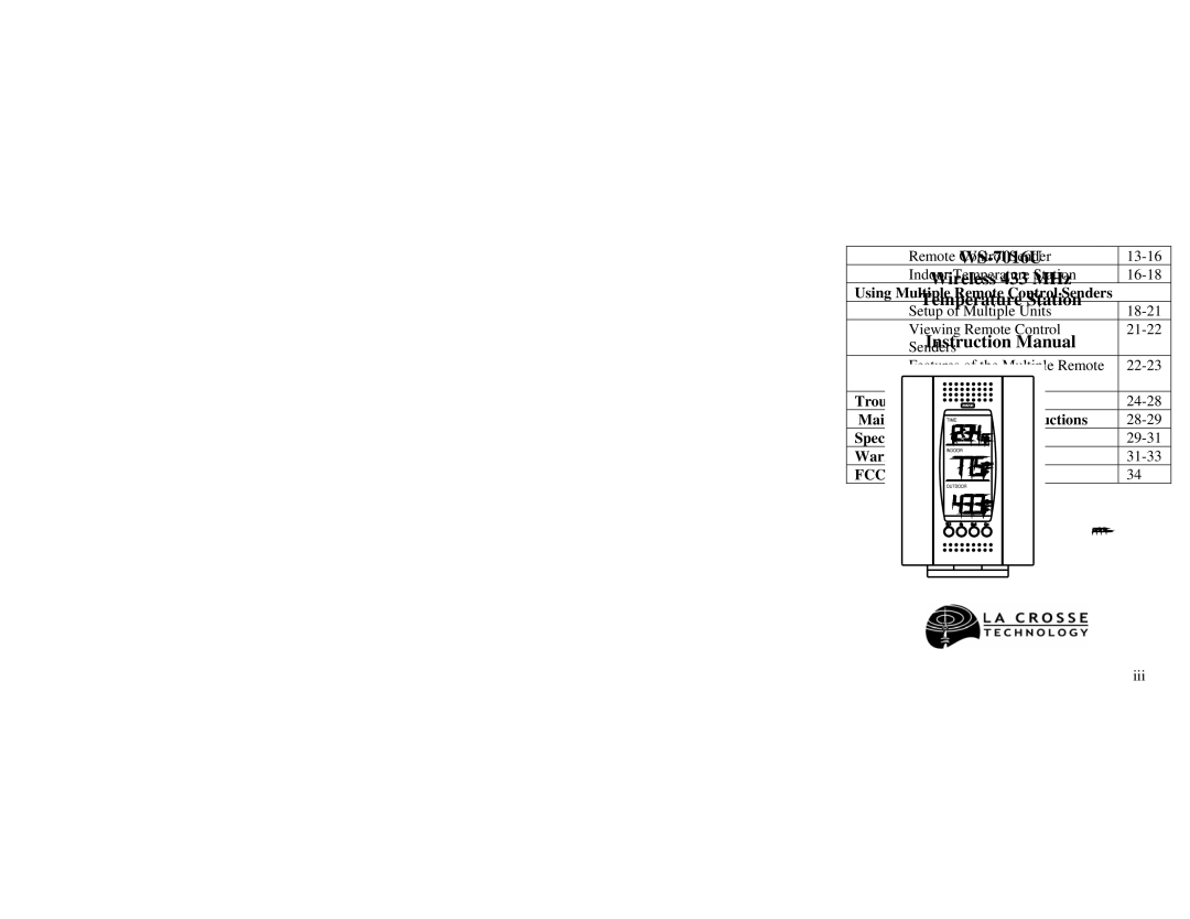 La Crosse Technology WS-7016U instruction manual FCC Disclaimer 