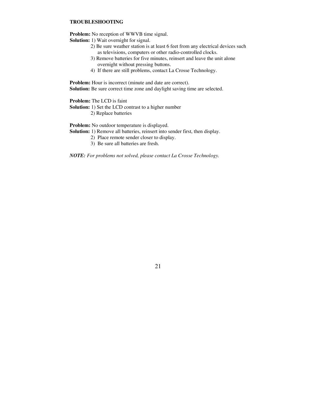 La Crosse Technology WS-7025U instruction manual Troubleshooting 