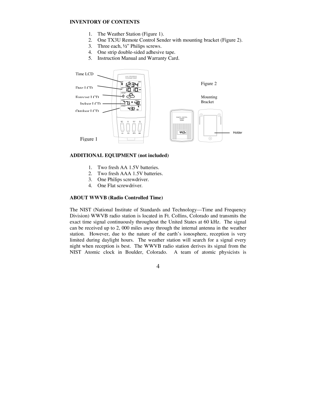 La Crosse Technology WS-7025U instruction manual Inventory of Contents 