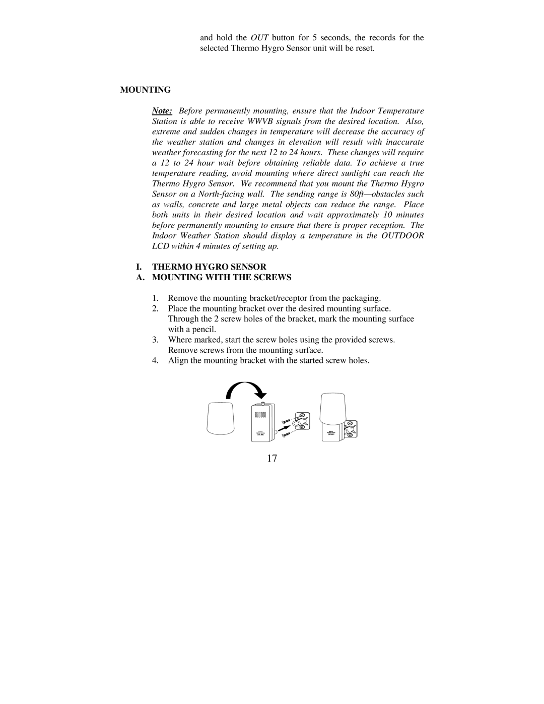 La Crosse Technology WS-7026U instruction manual Mounting Thermo Hygro Sensor Mounting with the Screws 