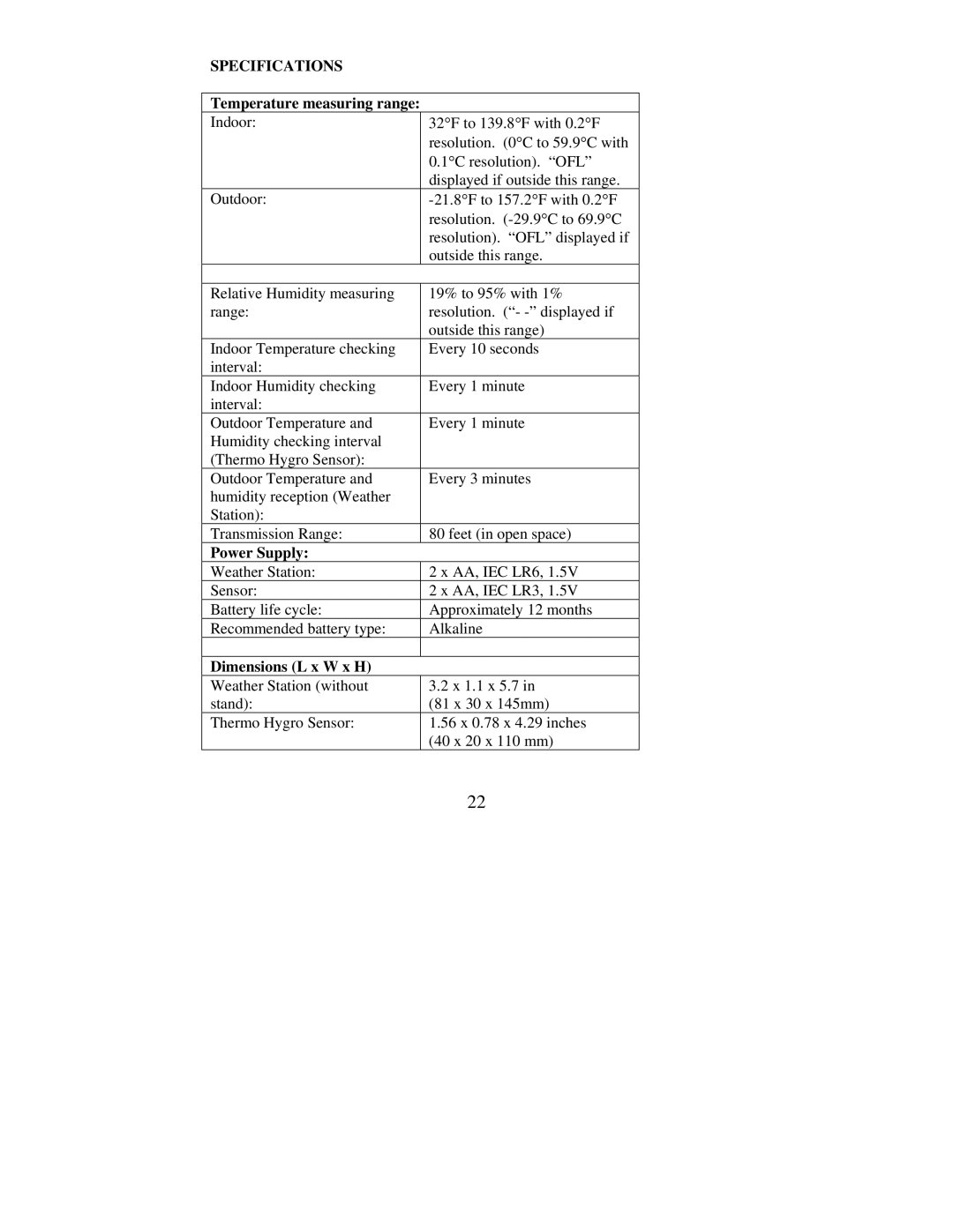 La Crosse Technology WS-7026U Specifications, Temperature measuring range, Power Supply, Dimensions L x W x H 