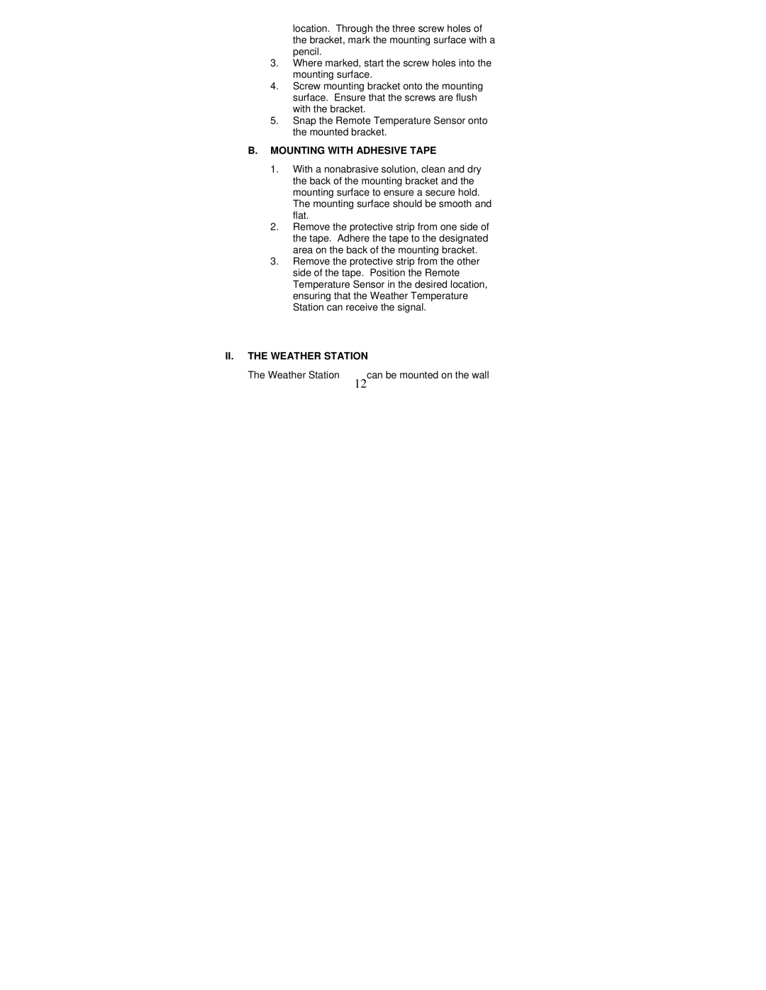 La Crosse Technology WS-7032U instruction manual Mounting with Adhesive Tape, II. the Weather Station 