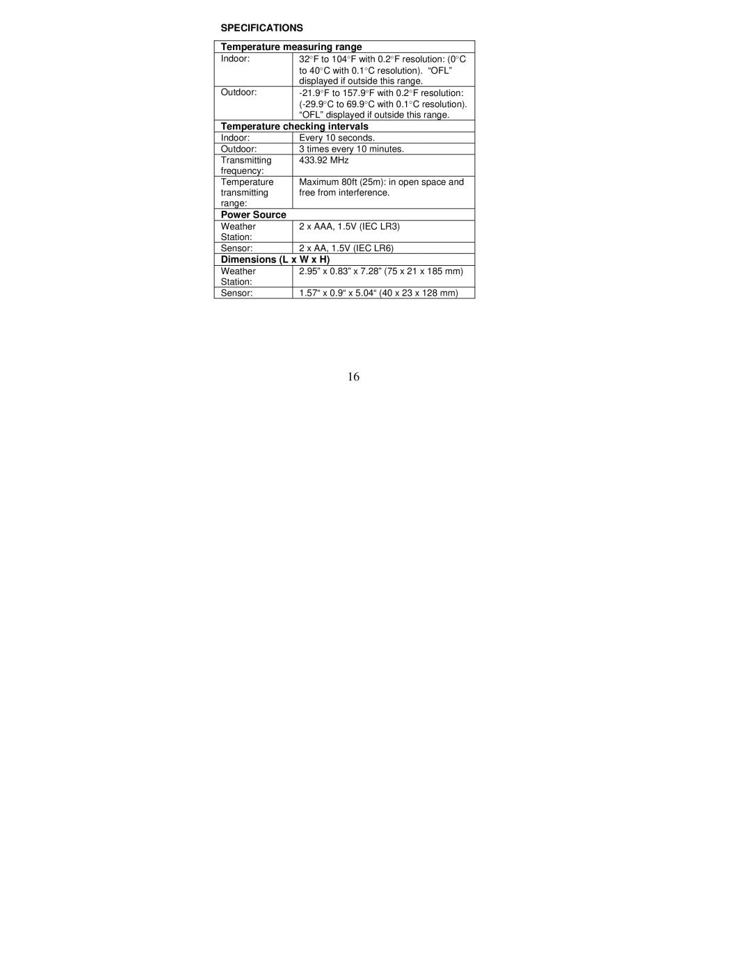 La Crosse Technology WS-7032U instruction manual Specifications, Temperature measuring range 