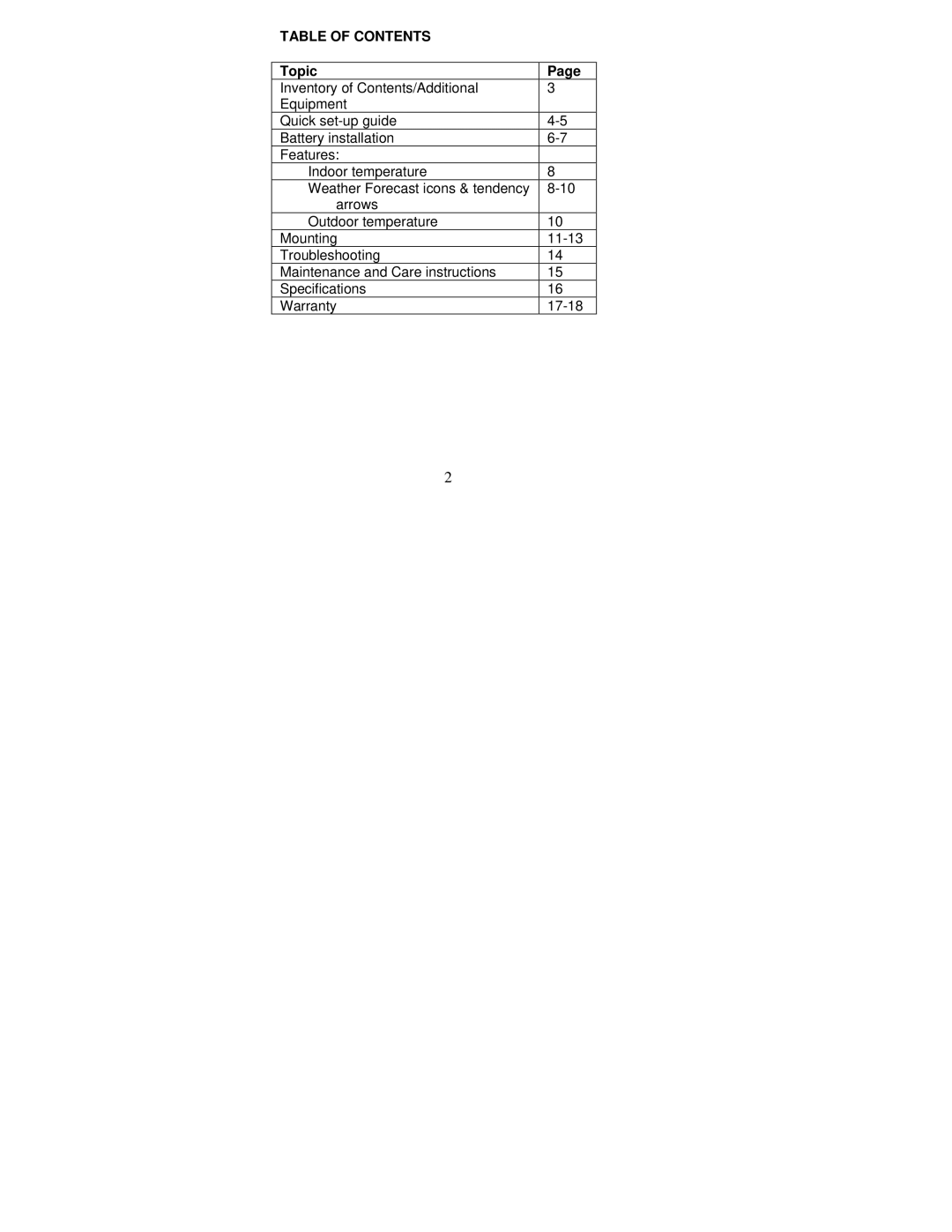 La Crosse Technology WS-7032U instruction manual Table of Contents 