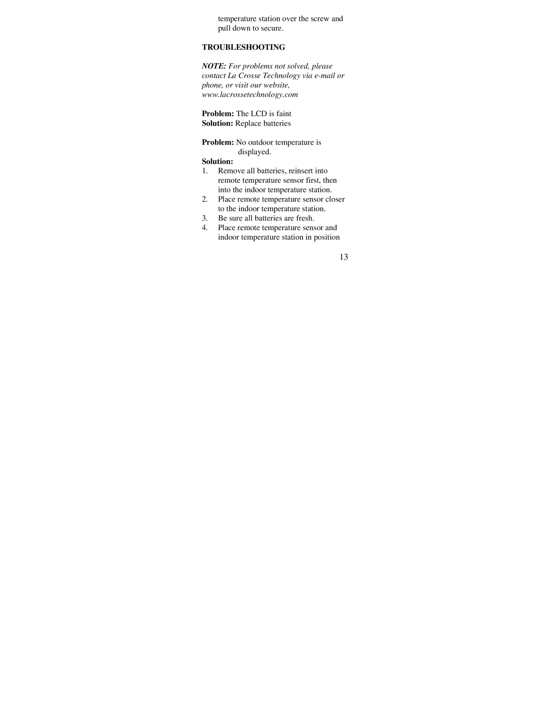 La Crosse Technology WS-7034U-IT instruction manual Troubleshooting, Solution 