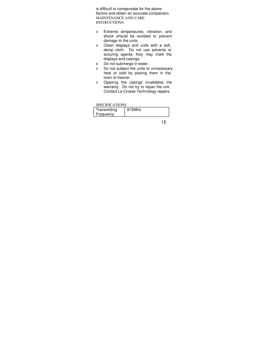 La Crosse Technology WS-7034U-IT instruction manual Maintenance and Care Instructions, Specifications 