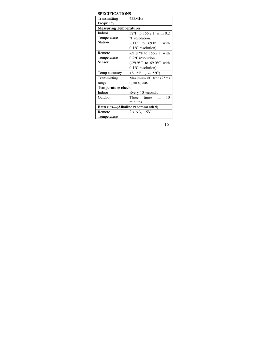 La Crosse Technology WS-7034U Specifications, Measuring Temperatures, Temperature check, Batteries-Alkaline recommended 