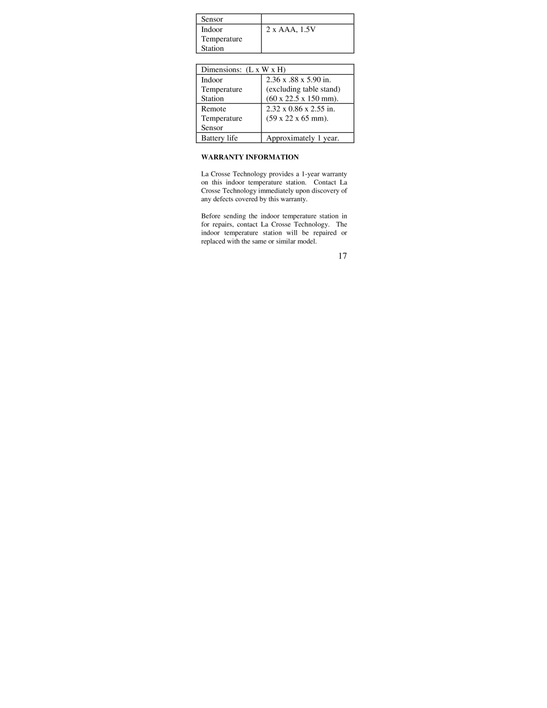 La Crosse Technology WS-7034U instruction manual Warranty Information 