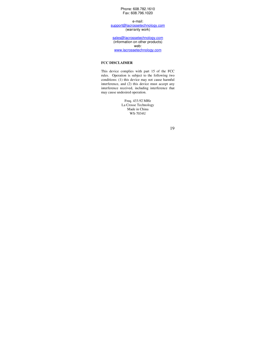 La Crosse Technology WS-7034U instruction manual FCC Disclaimer 