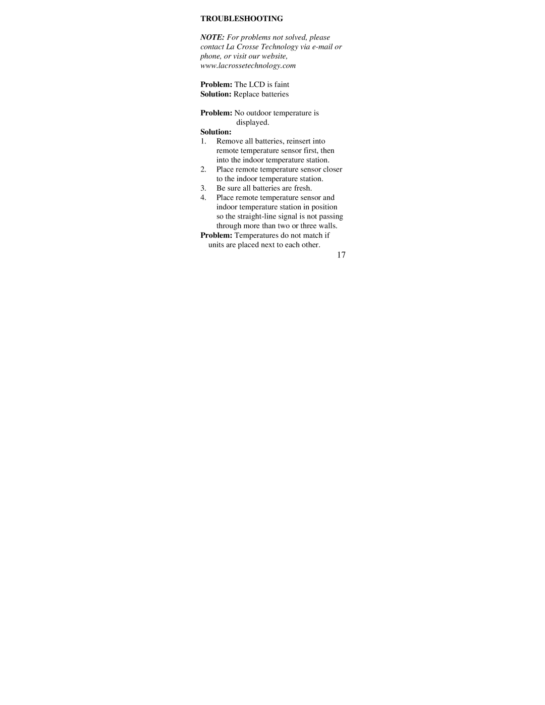 La Crosse Technology WS-7034U instruction manual Troubleshooting, Solution 