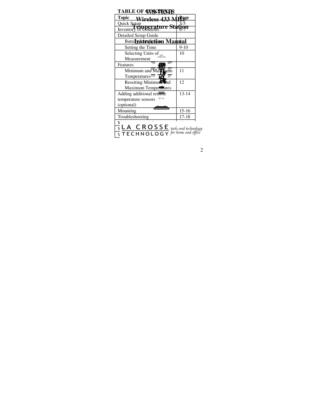 La Crosse Technology WS-7034U instruction manual Table of Contents 