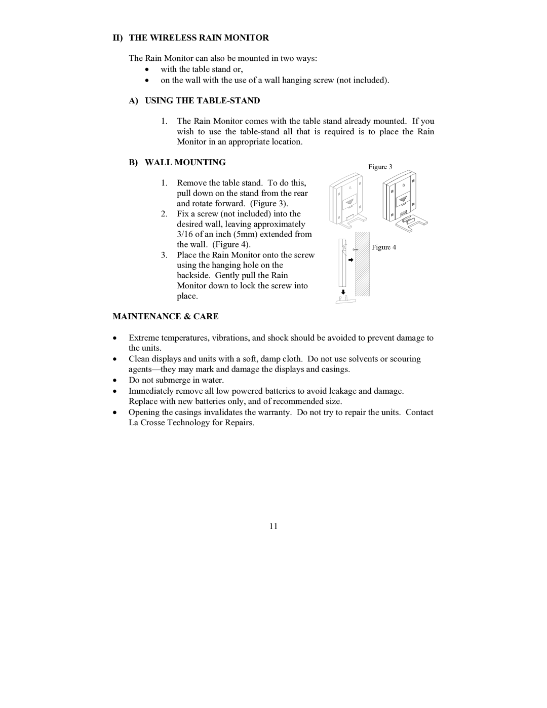 La Crosse Technology WS-7038U II the Wireless Rain Monitor, Using the TABLE-STAND, Wall Mounting, Maintenance & Care 