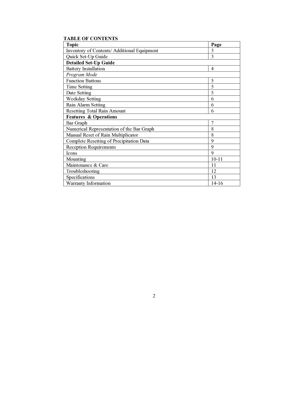 La Crosse Technology WS-7038U instruction manual Table of Contents 