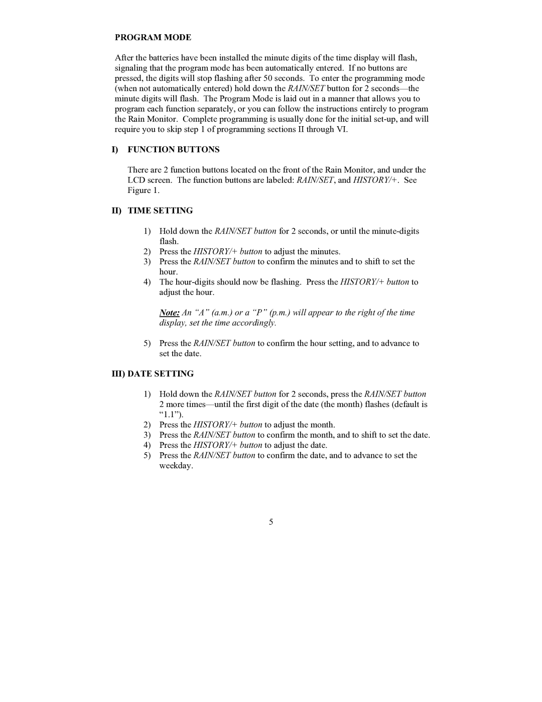 La Crosse Technology WS-7038U instruction manual Program Mode, Function Buttons, II Time Setting, III Date Setting 