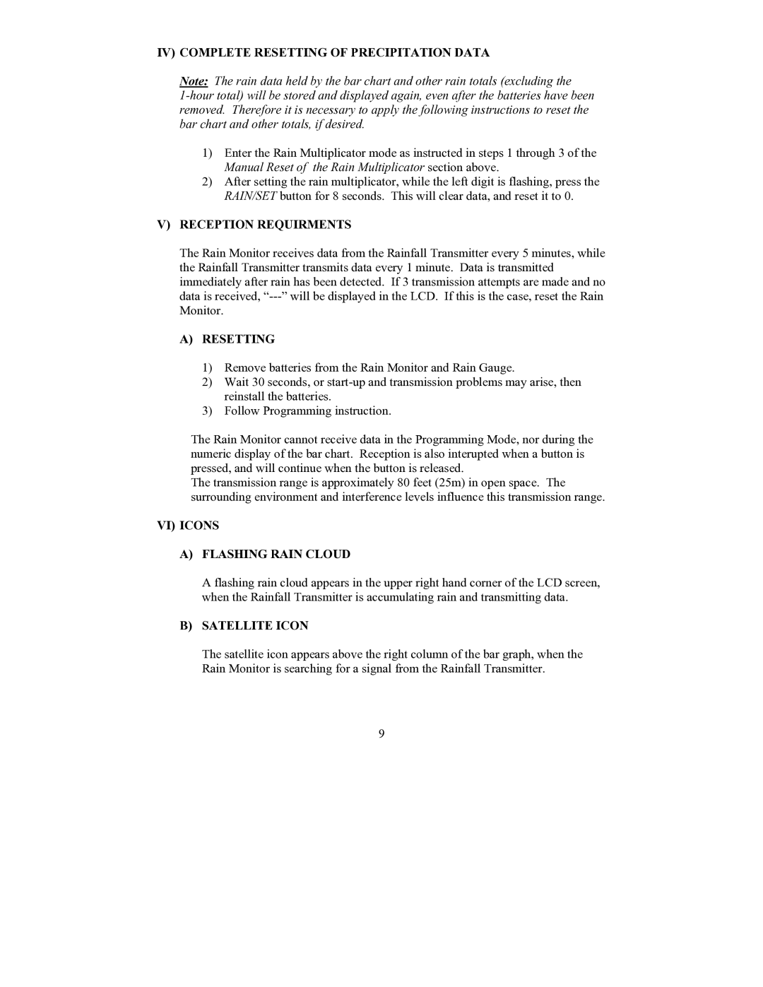 La Crosse Technology WS-7038U IV Complete Resetting of Precipitation Data, Reception Requirments, Satellite Icon 